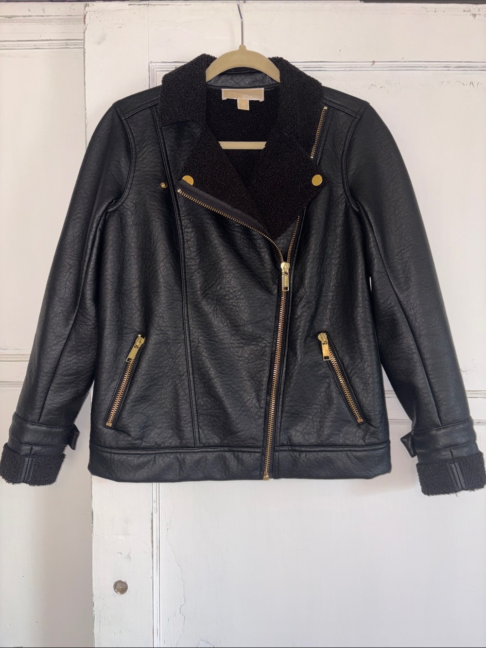 Michael Kors Leather Jacket Shearling Lining Gold Tone XS